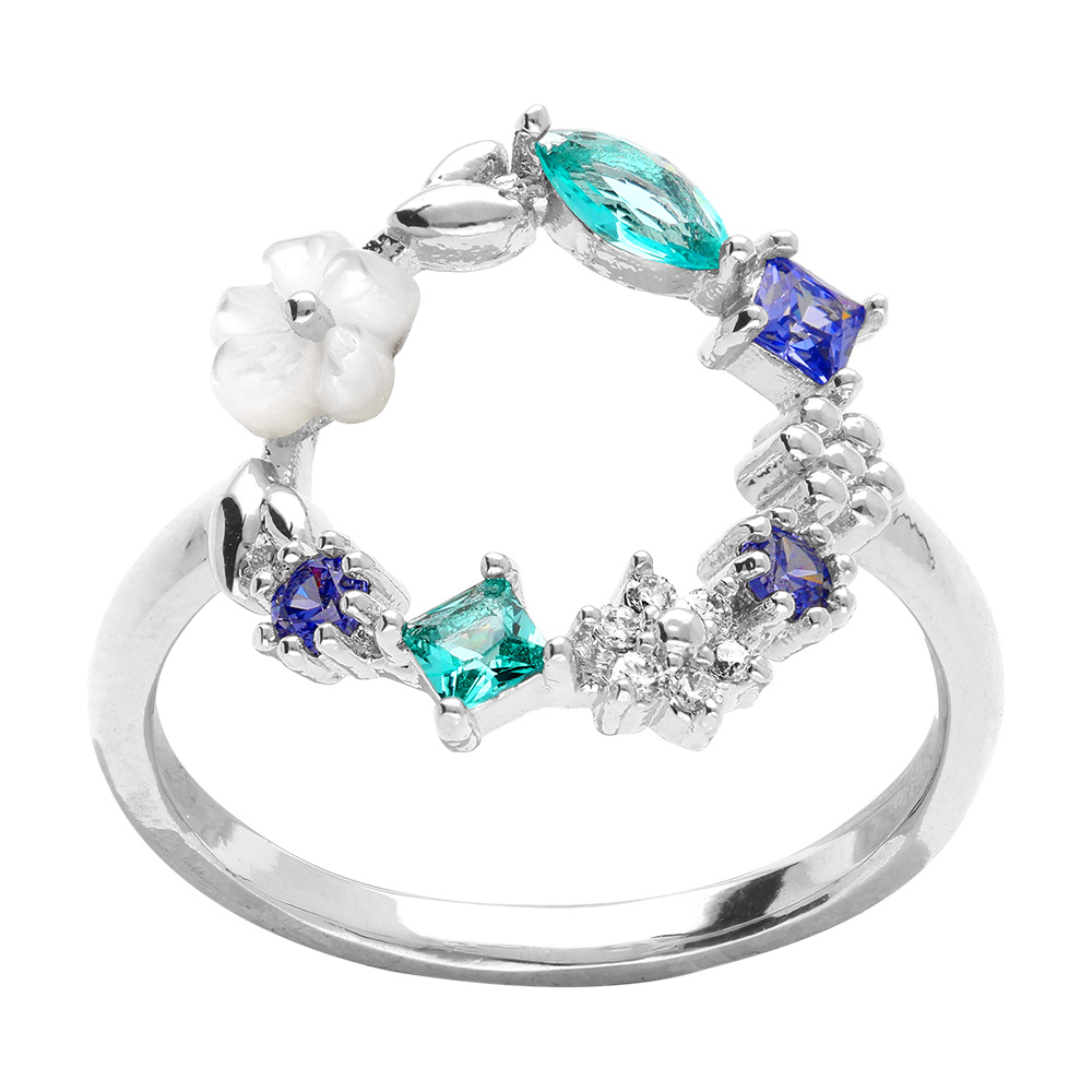 Bague en argent rhodi� �voquant un cercle de fleurs printani�res aux couleurs de l\'oc�an - Vue 1