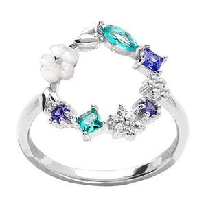 Bague en argent rhodi� �voquant un cercle de fleurs printani�res aux couleurs de l'oc�an