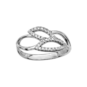 Bague en argent rhodi 4 feuilles vides dont 2 lisses et 2 en rail d\'oxydes blancs sertis - Vue 1