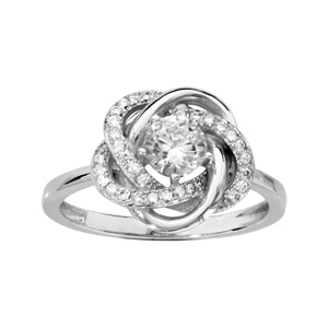 Bague en argent rhodi fleur aux ptales entremls avec oxydes blancs micor-sertis sur les contours et 1 au centre - Vue 1