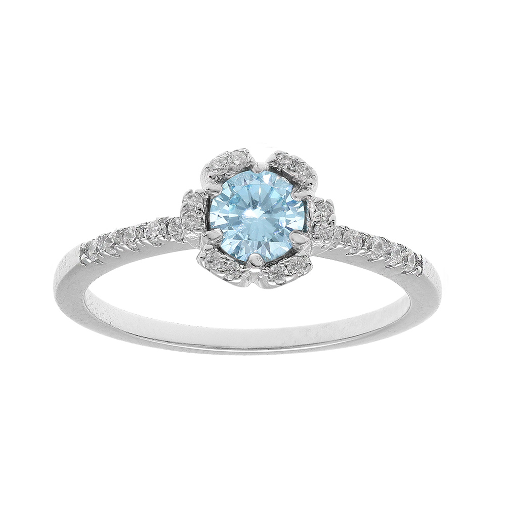 Bague en argent rhodi� fleur oxydes bleu clair et blancs sertis - Vue 1