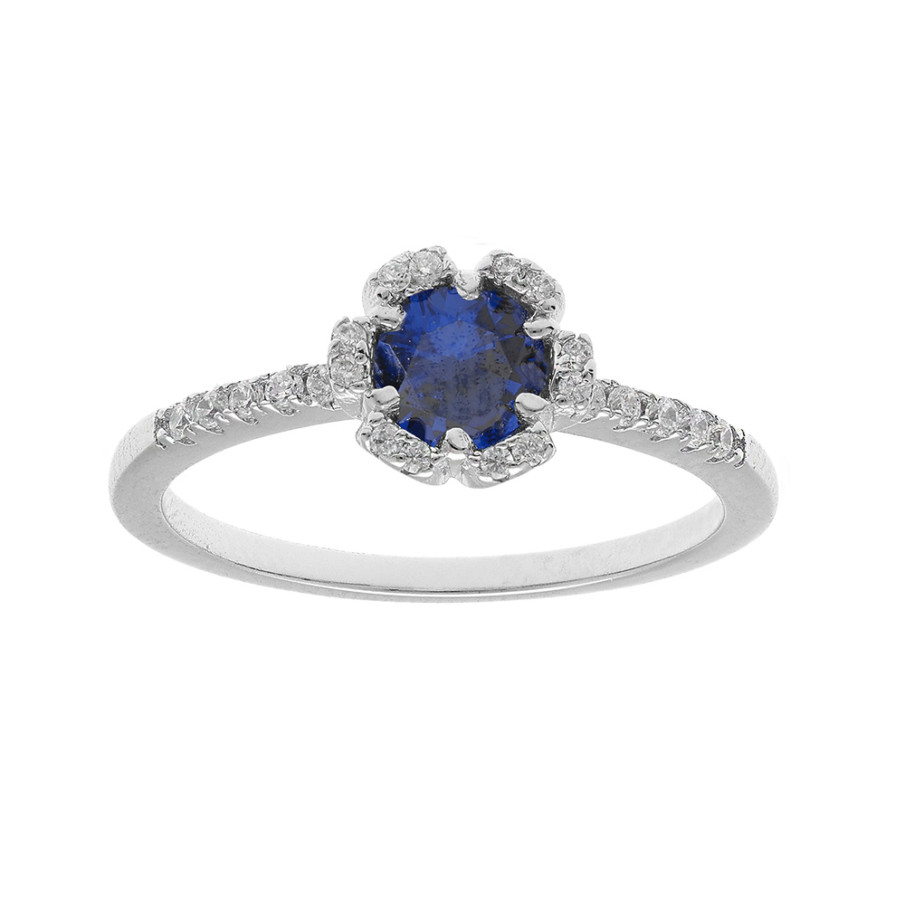 Bague en argent rhodi� fleur oxydes bleu fonc� et blancs sertis - Vue 1