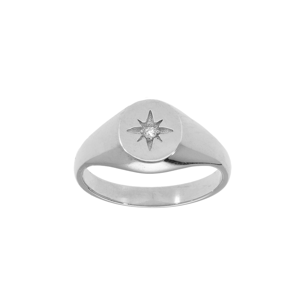 Bague en argent rhodi� forme chevaliere ovale avec etoile d\'oxyde blanc - Vue 1