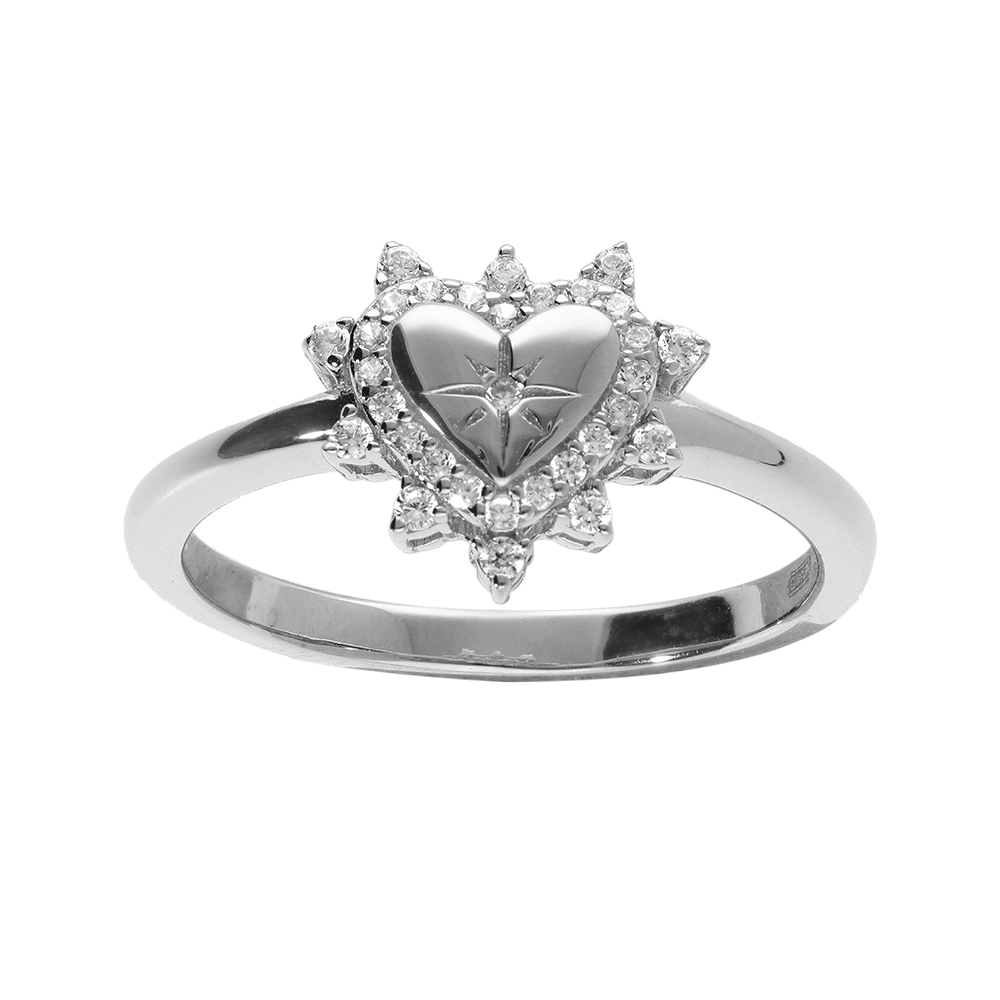 Bague en argent rhodi� forme coeur avec etoile du nord contour d\'oxydes blancs sertis - Vue 1