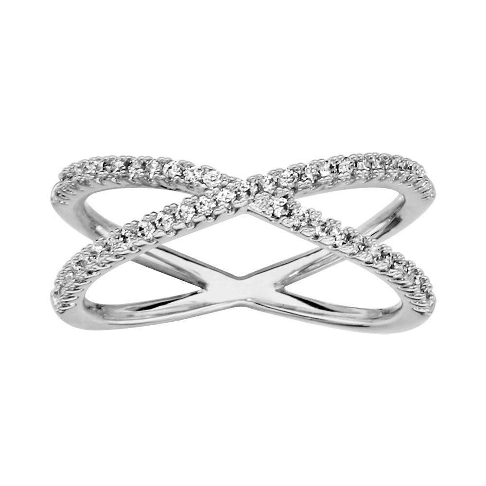 Bague en argent rhodi� forme X en oxydes blancs sertis - Vue 1