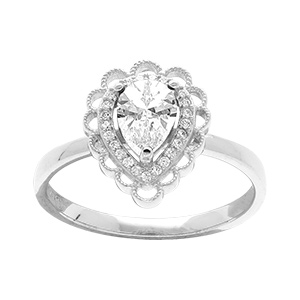 Bague en argent rhodi� forme goutte avec oxydes blancs sertis et contour dentell�