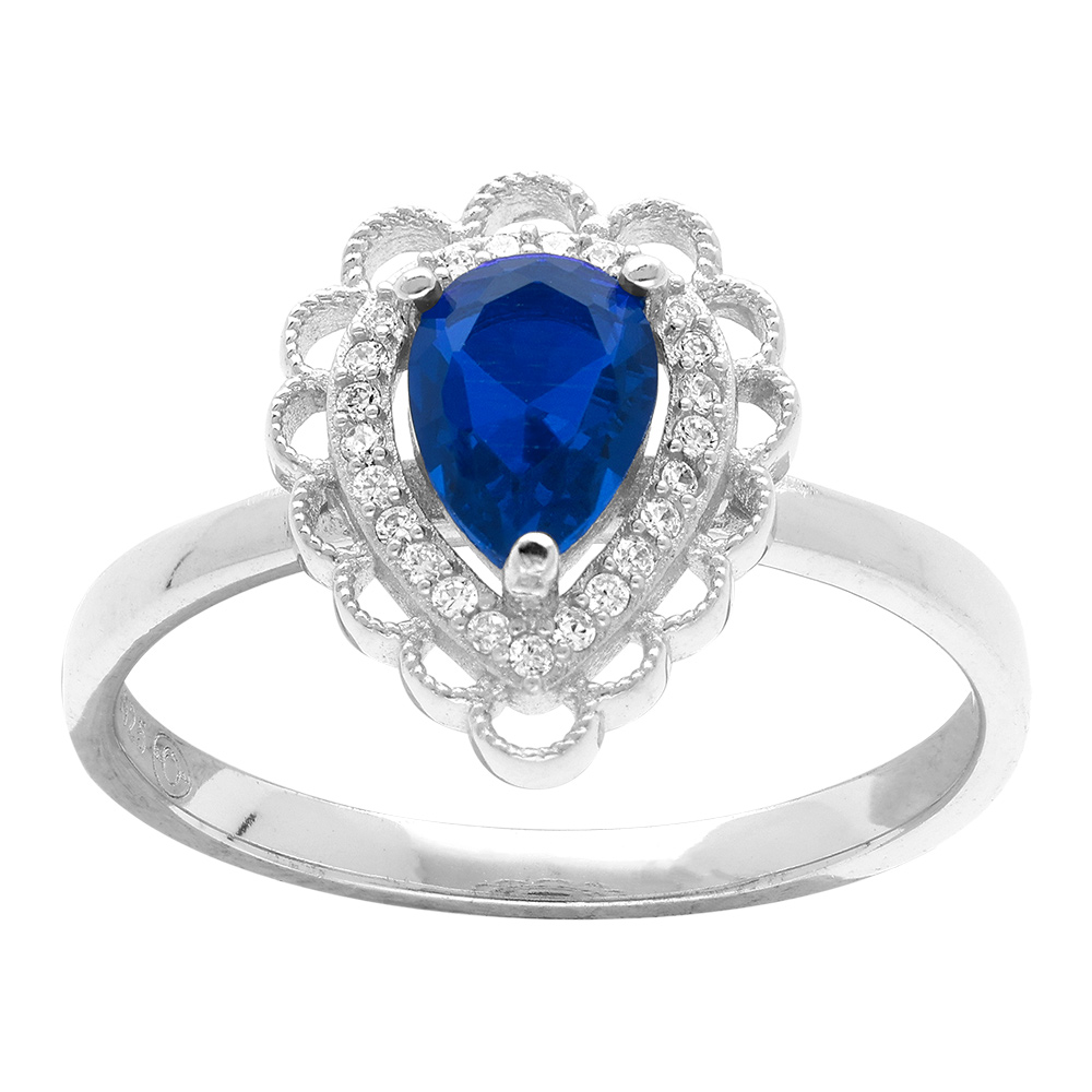 Bague en argent rhodi� forme goutte d\'oxyde bleu serti et halo d\' oxydes blancs - Vue 1
