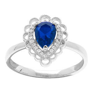 Bague en argent rhodi� forme goutte d'oxyde bleu serti et halo d' oxydes blancs