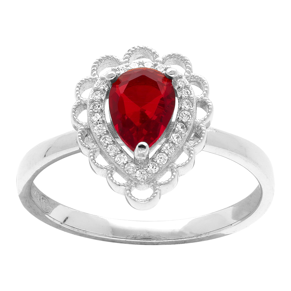 Bague en argent rhodi� forme goutte d\'oxyde rouge serti et halo d\' oxydes blancs - Vue 1