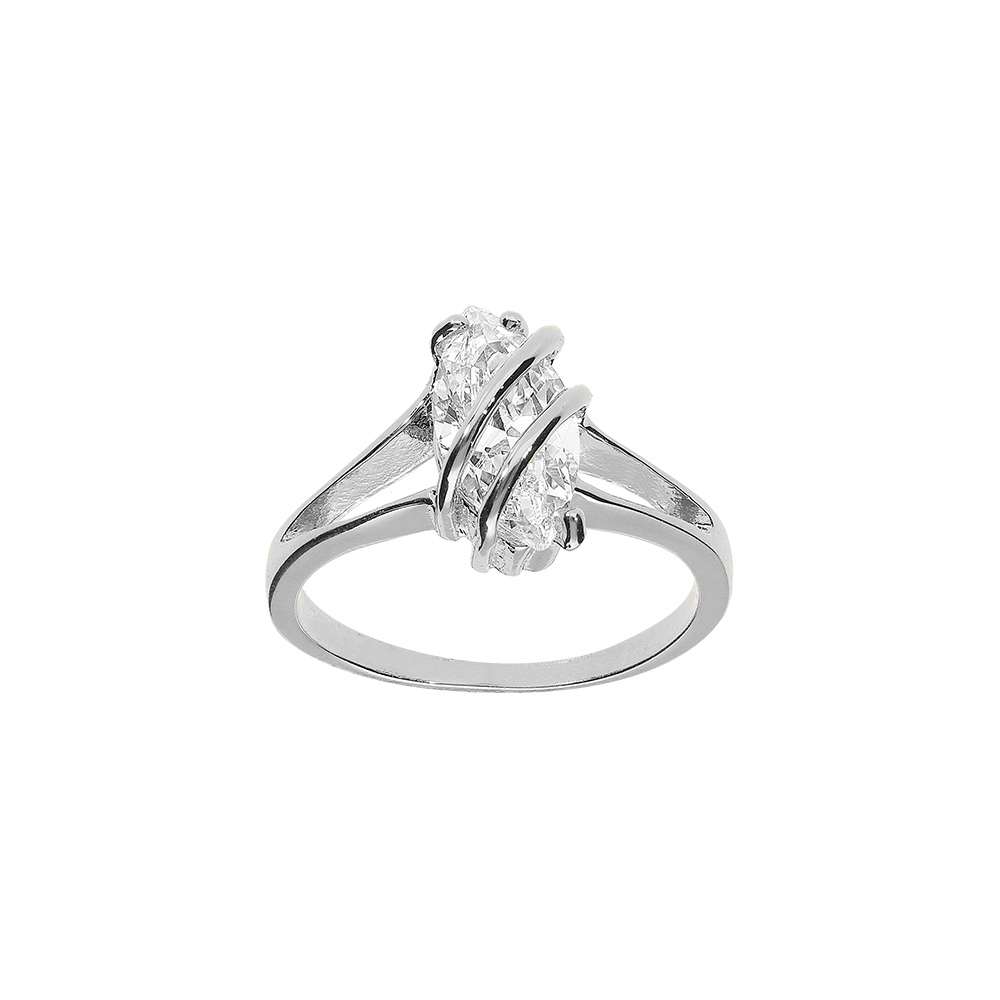 Bague en argent rhodi forme navette ovale oxyde blanc - Vue 1
