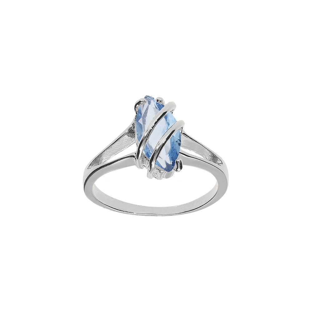 Bague en argent rhodi� forme navette ovale oxyde bleu ciel - Vue 1