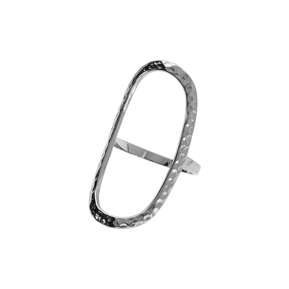 Bague en argent rhodi� forme ovale �vid�e et martel�e - Vue 1