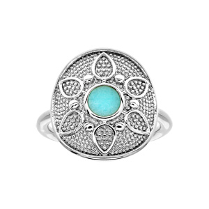 Bague en argent rhodi forme ronde motif fleur avec pierre couleur turquoise - Vue 1