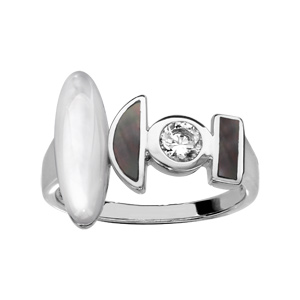 Bague en argent rhodié formes géométriques en nacre blanche et noire véritable et 1 oxyde blanc - Vue 1