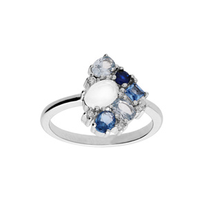 Bague en argent rhodi gomtrie avec oxydes bleus et blanc - Vue 1