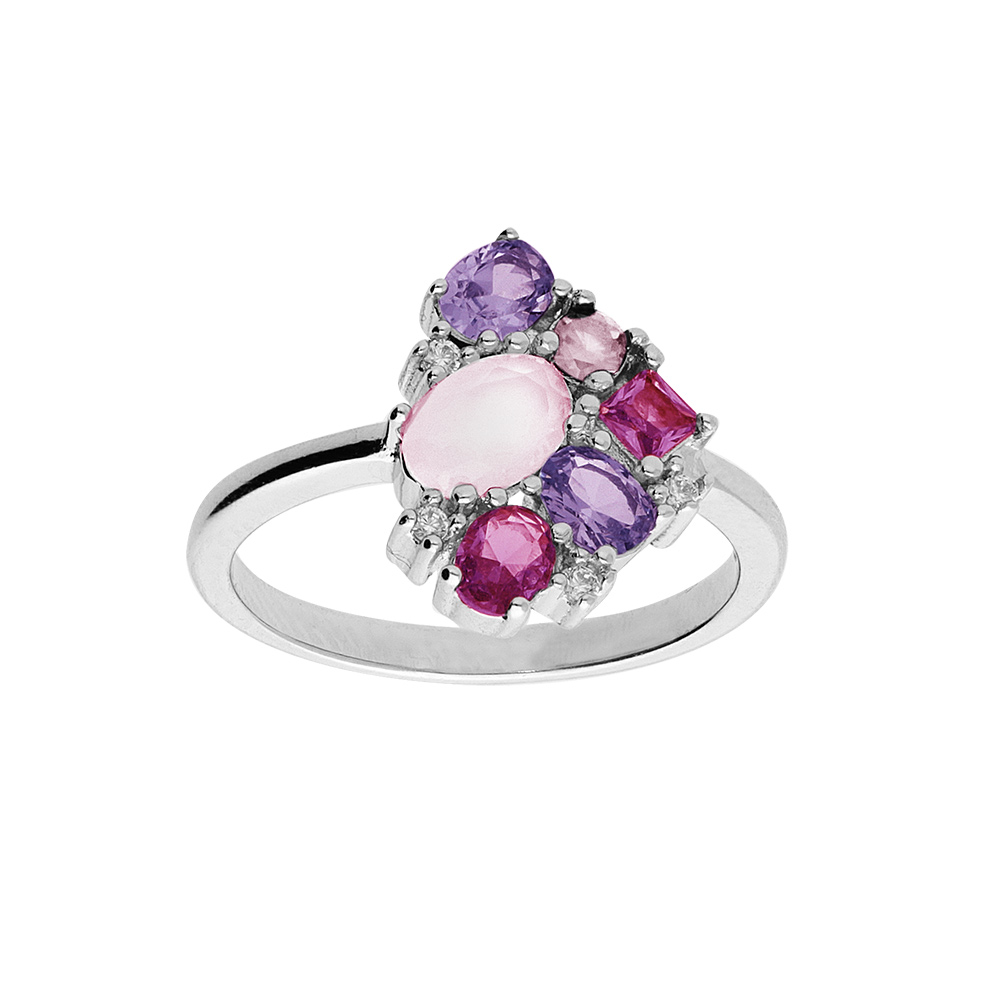 Bague en argent rhodi� g�om�trie avec oxydes roses - Vue 1