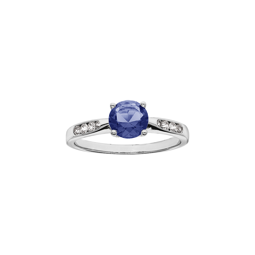 Bague en argent rhodi grand diamtre, un oxyde bleu serti 4 griffes et oxydes blancs sur les cts - Vue 1