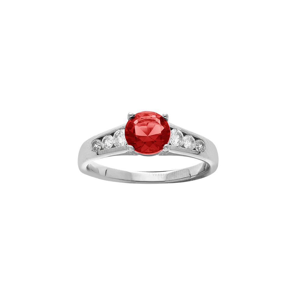 Bague en argent rhodi grand diamtre, un oxyde rouge central et oxydes blancs sertis sur les cts - Vue 1