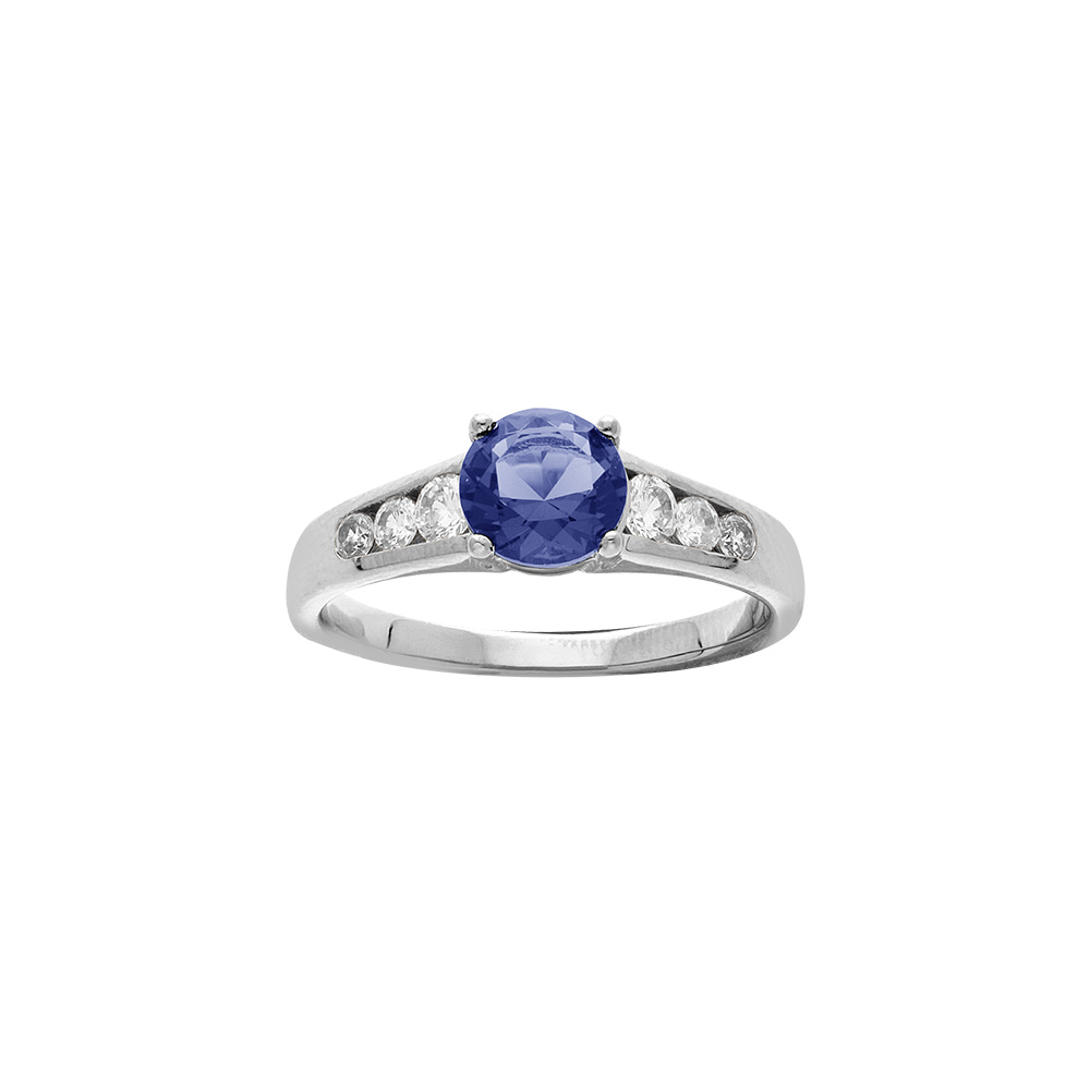 Bague en argent rhodi grand diamtre,un oxyde bleu serti par 4 griffes et oxydes blancs sertis sur les cts - Vue 1