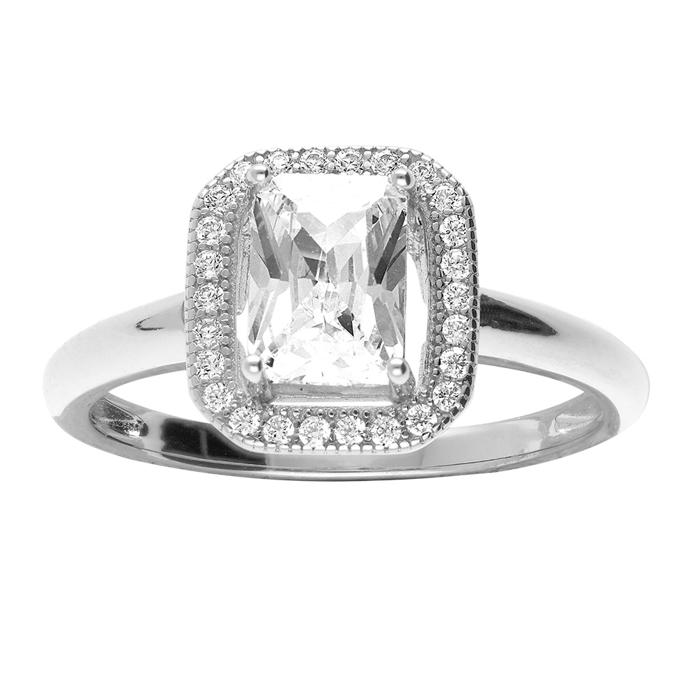 Bague en argent rhodi� gros oxyde blanc au centre et tour en oxydes blancs micro-sertis - Vue 1