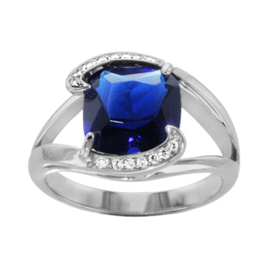 Bague en argent rhodié gros oxyde ovale bleu au centre de 2 branches ornées d\'oxydes blancs sertis - Vue 1