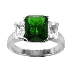 Bague en argent rhodi gros oxyde vert central avec 2 plus petits sur les cts - Vue 1