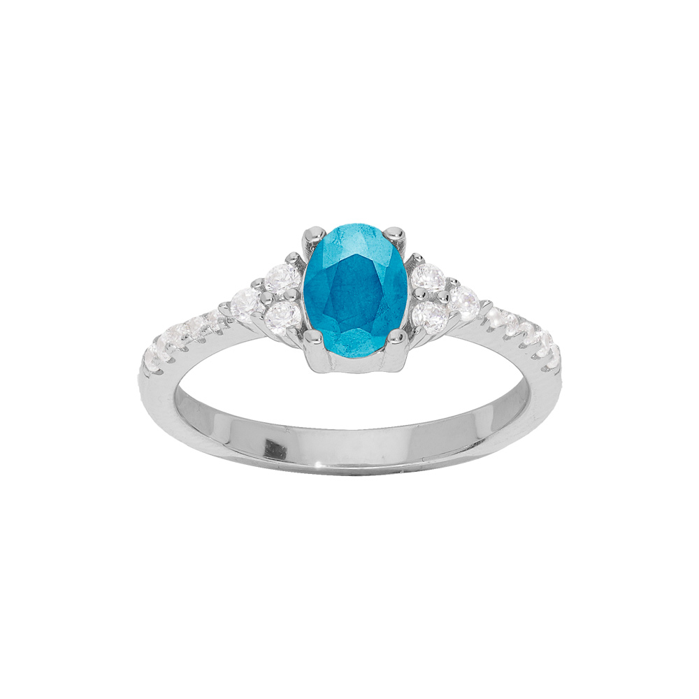 Bague en argent rhodi� gros Topaze bleu cercl� d\'oxydes blancs sertis - Vue 1