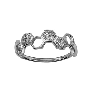 Bague en argent rhodié hexagones sur le demi-tour certains ajourés et les autres avec oxydes blancs sertis - Vue 1