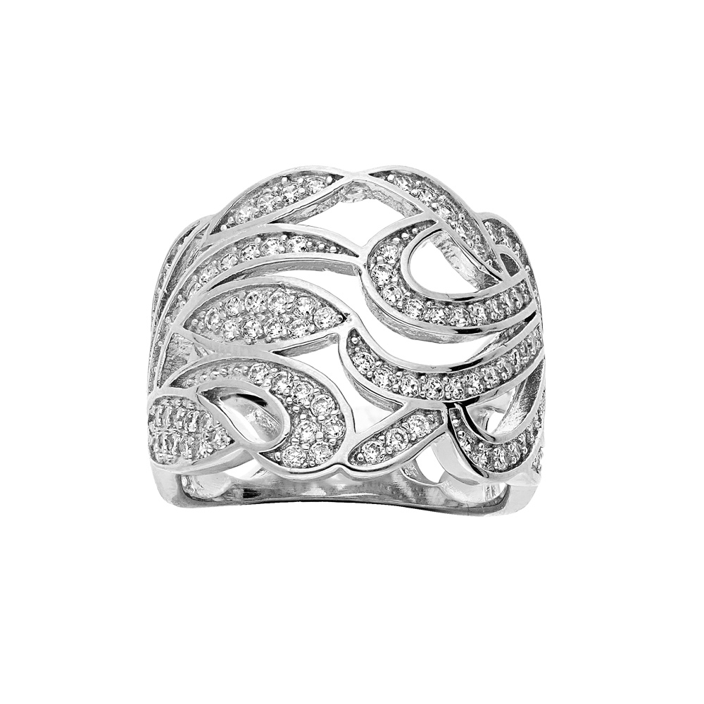 Bague en argent rhodi large avec courbes et feuillage pavs d\'oxydes blancs sertis - Vue 1