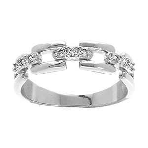 Bague en argent rhodi� � maillons modernes sertis d'oxydes blancs