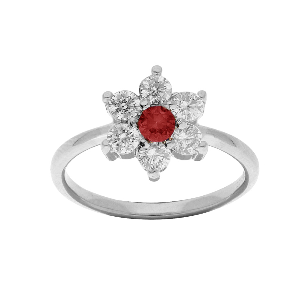 Bague en argent rhodi marguerite avec oxyde au centre rouge et contour blancs sertis - Vue 1