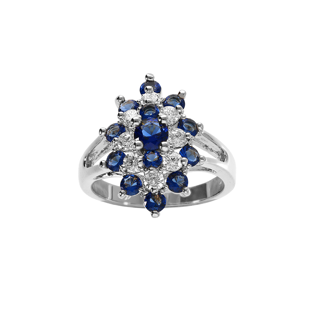 Bague en argent rhodi marquise avec oxydes bleus et blancs - Vue 1