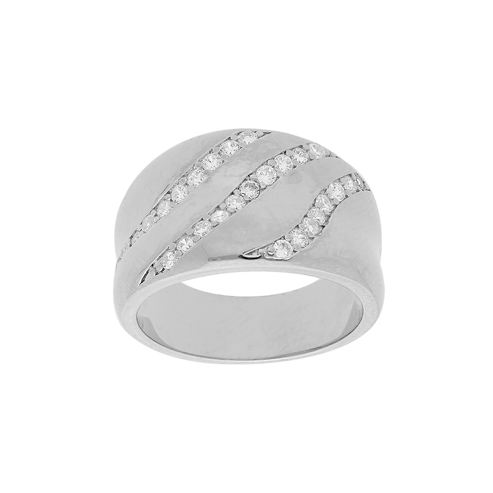 Bague en argent rhodi� massif anneau large incurv� avec 3 rangs d\'oxydes blancs sertis en biais - Vue 1