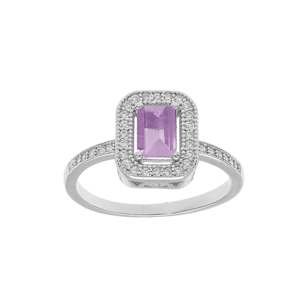 Bague en argent rhodi� massif avec pierre carr� Am�thyste v�ritable et contour oxydes blancs sertis - Vue 1