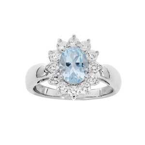 Bague en argent rhodi massif avec Topaze bleue ovale et oxydes blancs sertis - Vue 1