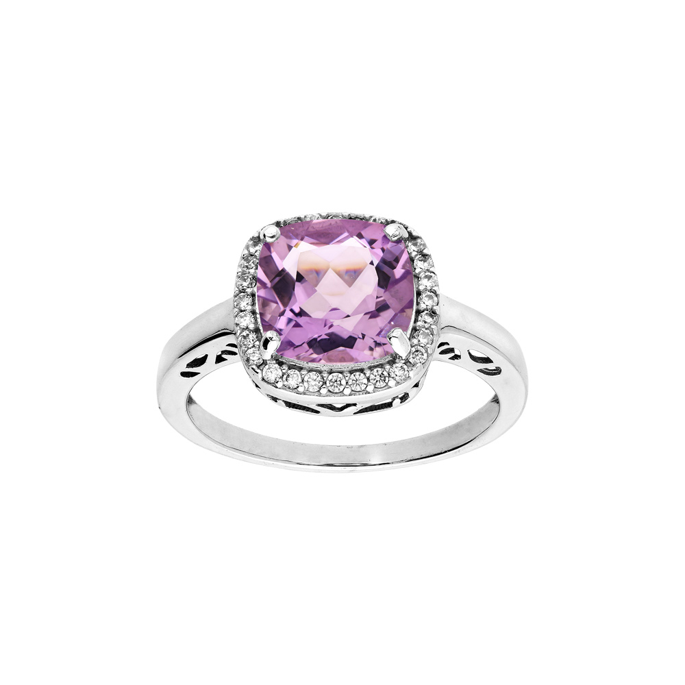 Bague en argent rhodi� massif collection joaillerie Amethyste v�ritable carr�e et contour oxydes blancs sertis - Vue 1