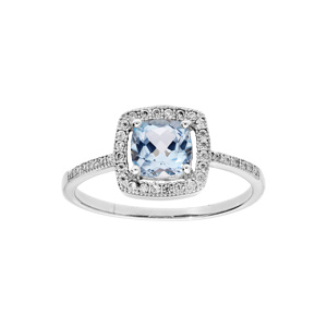 Bague en argent rhodié massif collection joaillerie Topaze veritable bleue carrée et contour oxydes blancs sertis - Vue 1