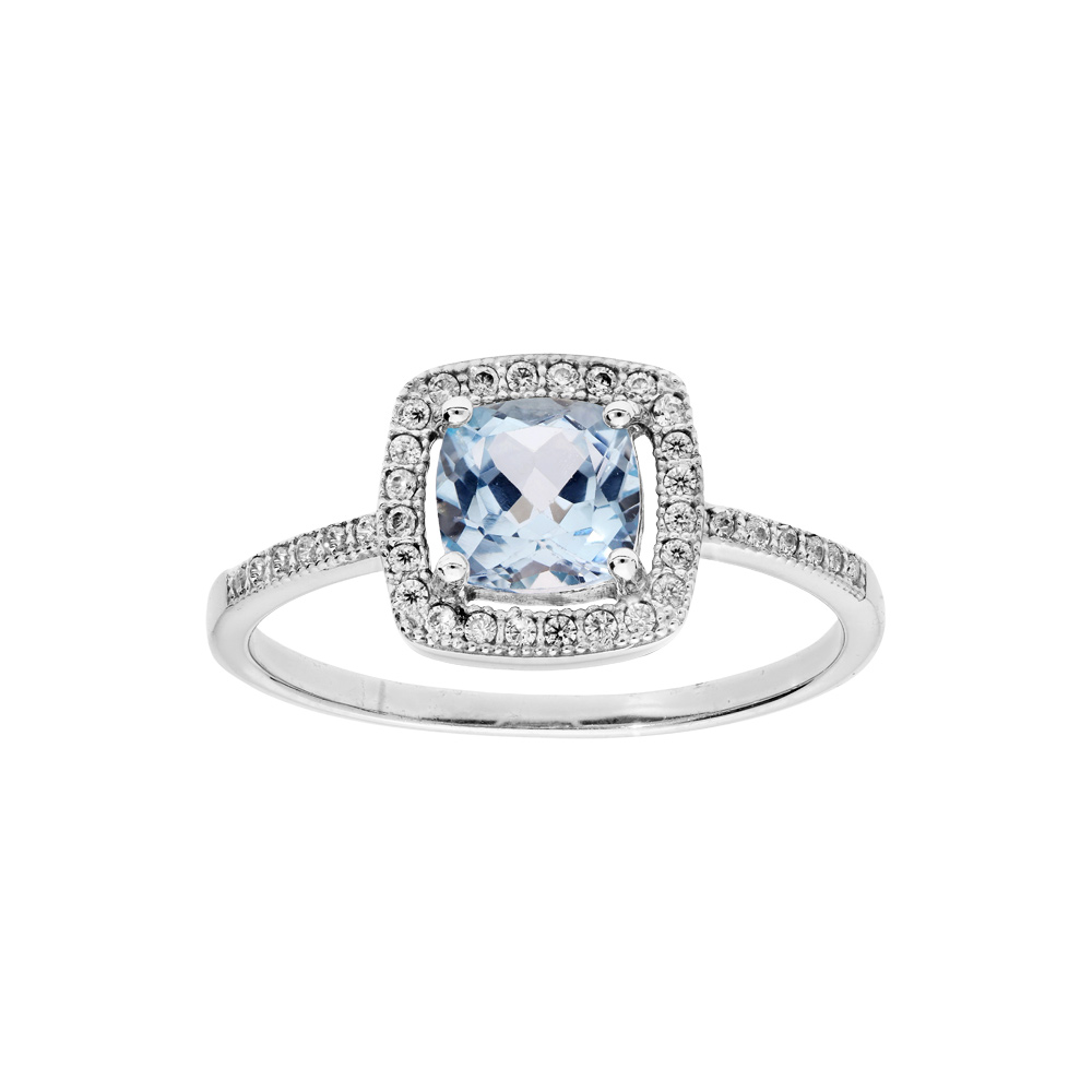 Bague en argent rhodi massif collection joaillerie Topaze vritable bleue carre griffe sur contour pav d\'oxydes blancs sertis - Vue 1