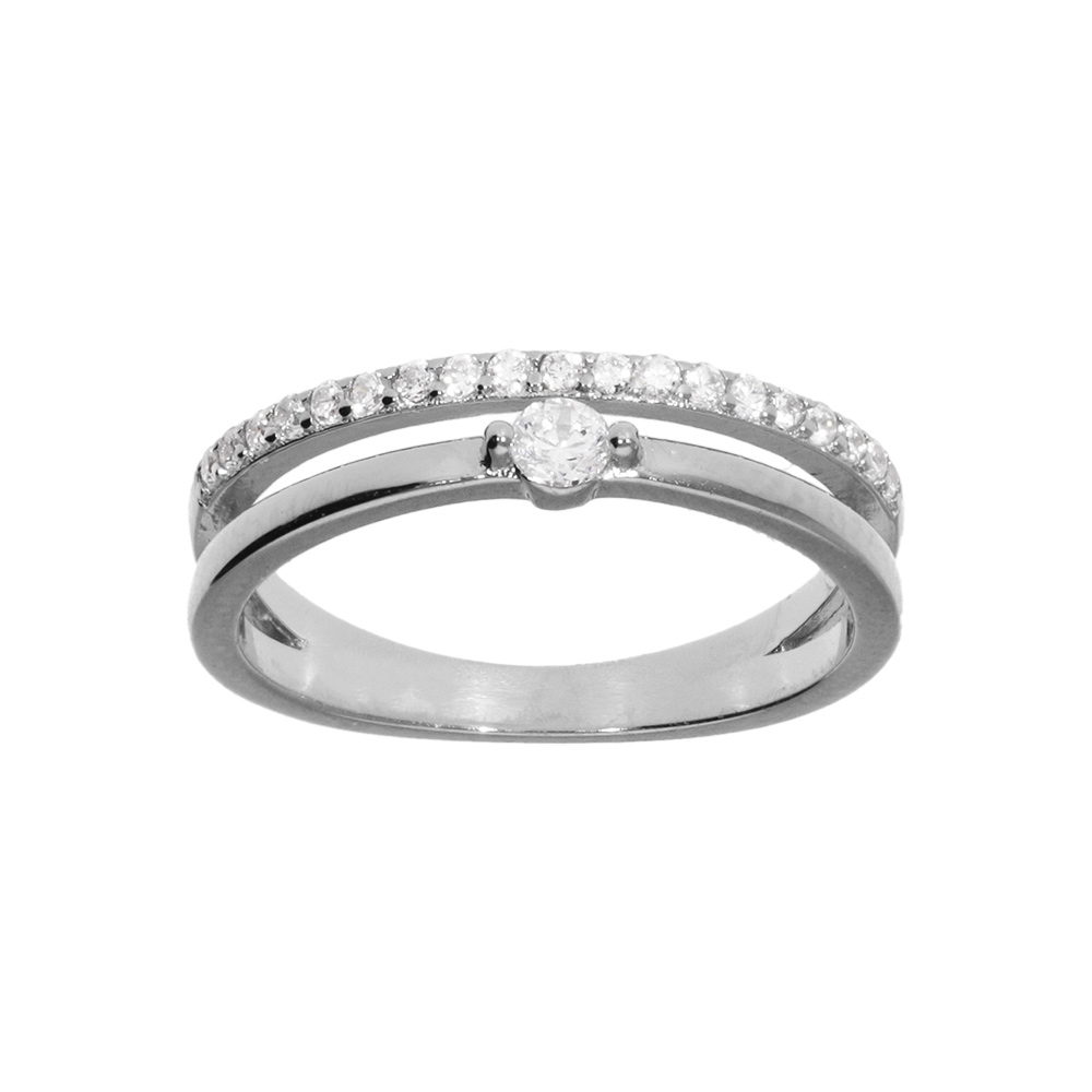 Bague en argent rhodi massif 2 rangs 1 brin lisse avec un oxyde blanc serti et 1 rail oxydes blancs sertis - Vue 1