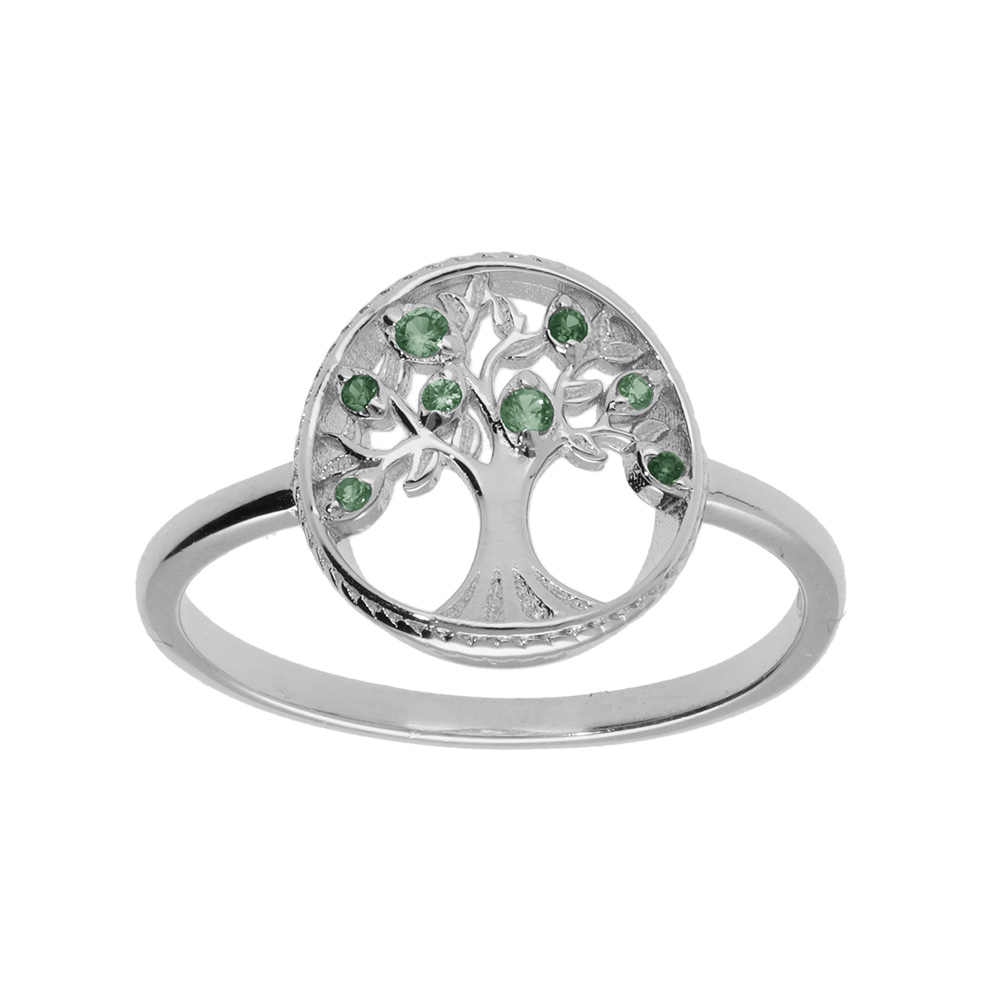 Bague en argent rhodi� motif arbre de vie contour perl� avec oxydes d�grad� vert - Vue 1