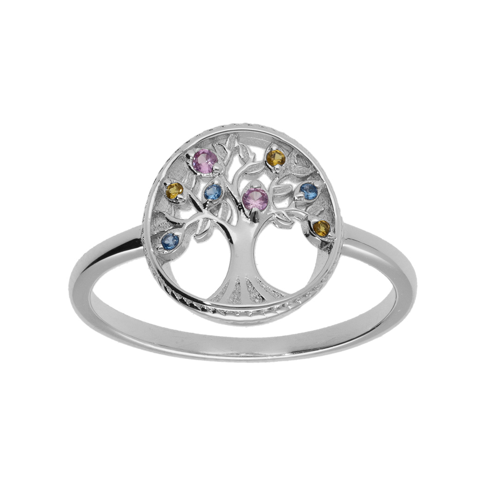 Bague en argent rhodi� motif arbre de vie contour perl� d\'oxydes multicolore - Vue 1