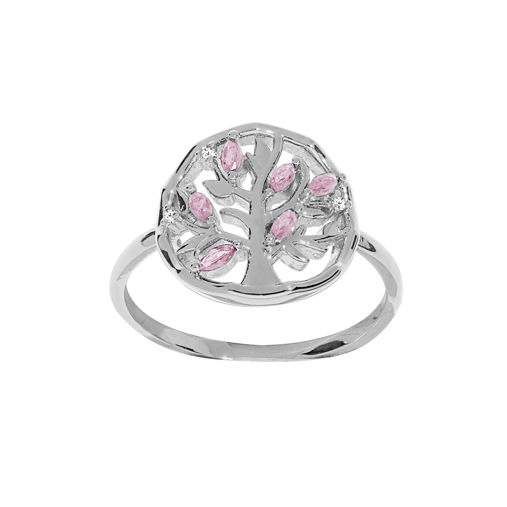 Bague en argent rhodi� motif arbre de vie et oxydes roses - Vue 1