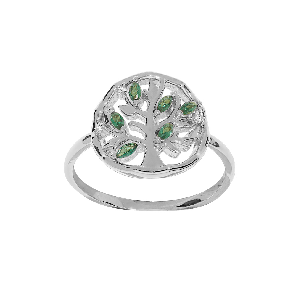 Bague en argent rhodi� motif arbre de vie et oxydes verts - Vue 1