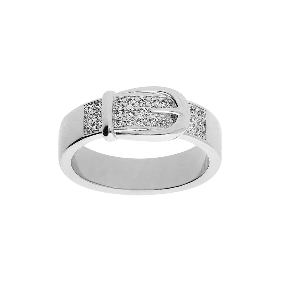 Bague en argent rhodi motif ceinture et oxydes blancs sertis - Vue 1