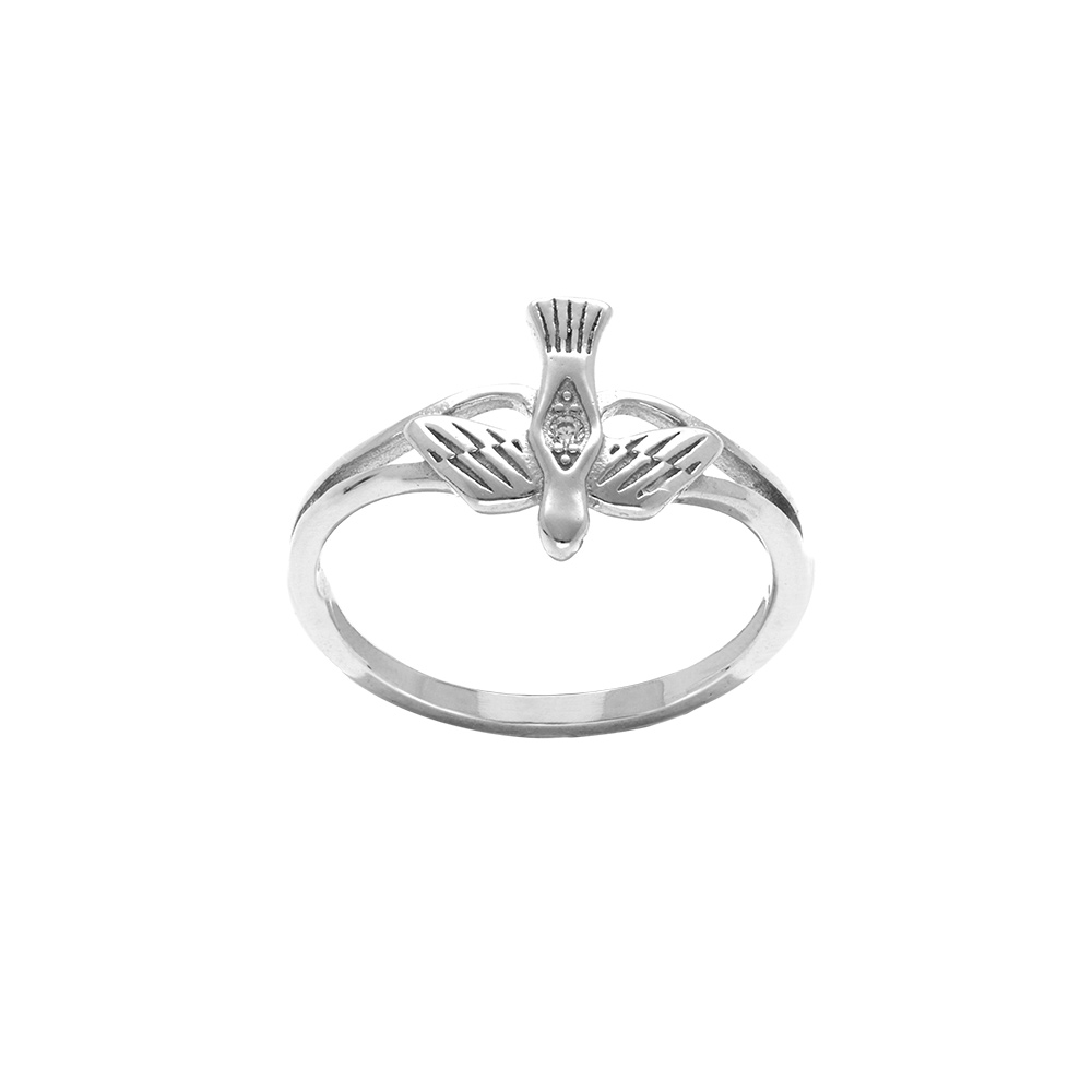 Bague en argent rhodi motif colombe de la paix avec oxydes blancs - Vue 1
