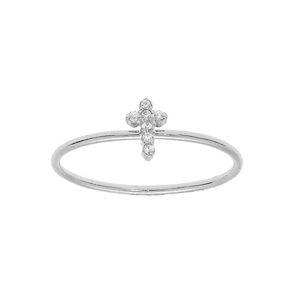 Bague en argent rhodi motif croix orne d\'oxydes blancs sertis - Vue 1