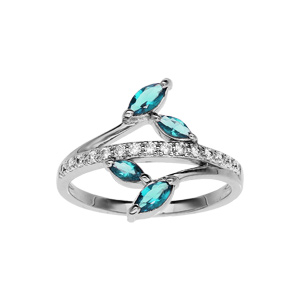 Bague en argent rhodié motif feuilles ornées d\'oxydes bleu ciel séparées d\'un rail d\'oxydes blancs sertis - Vue 1