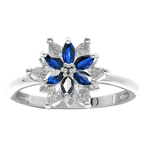 Bague en argent rhodi� motif fleur 10mm avec oxydes bleus et blancs