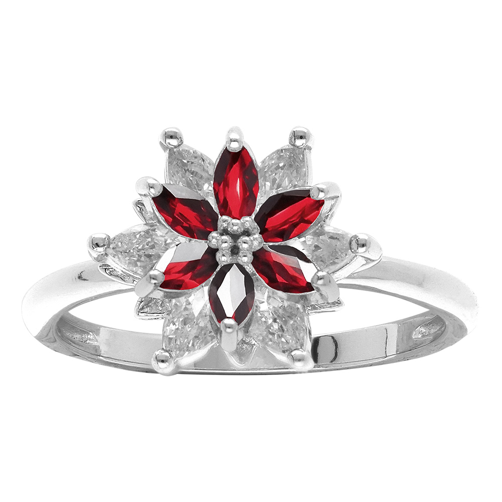 Bague en argent rhodi� motif fleur 10mm avec oxydes rouges et blancs - Vue 1