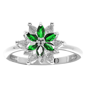 Bague en argent rhodi� motif fleur 10mm avec oxydes verts et blancs